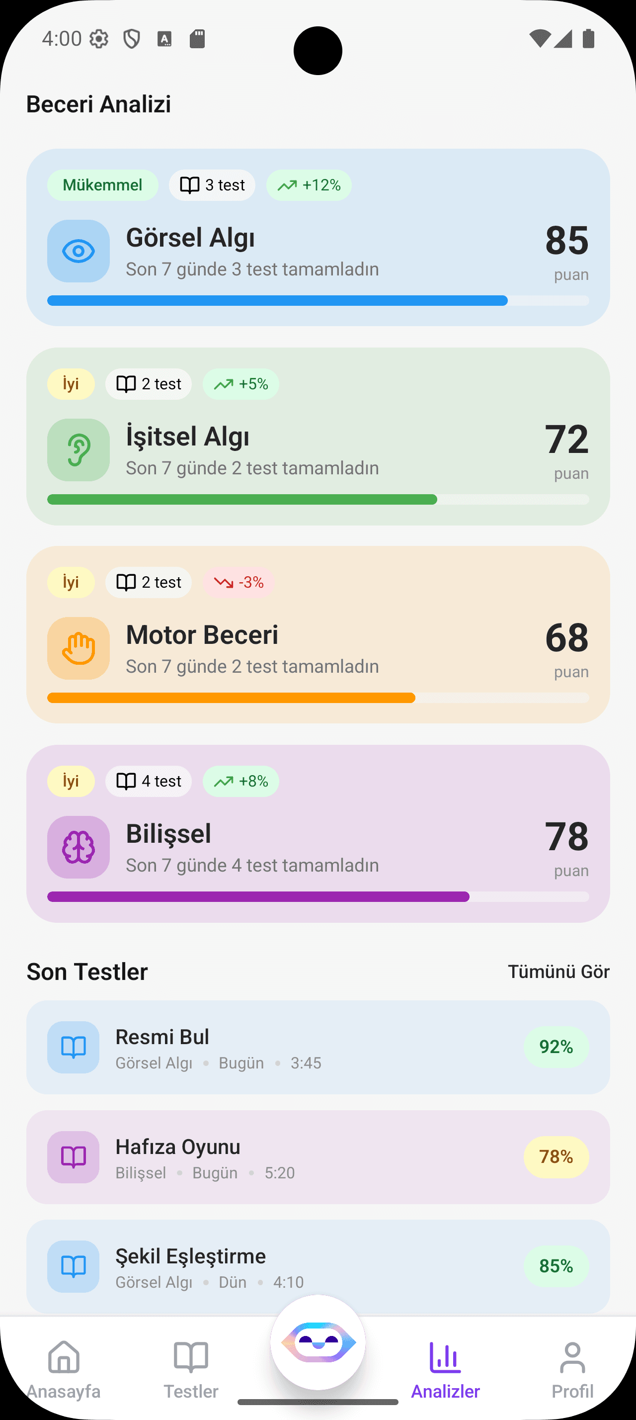Korteks gelişim analizi ekranı